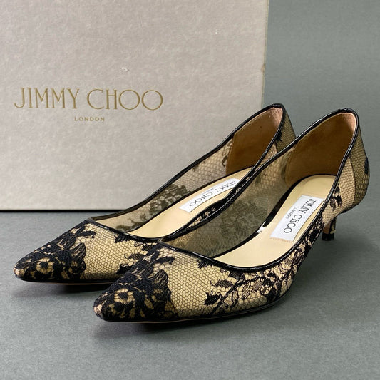 9f8 《美品》定価￥102.300 JIMMY CHOO ジミーチュウ ROMY 40 ロミー フラワーレース パンプス 37 ブラック シューズ 箱付き