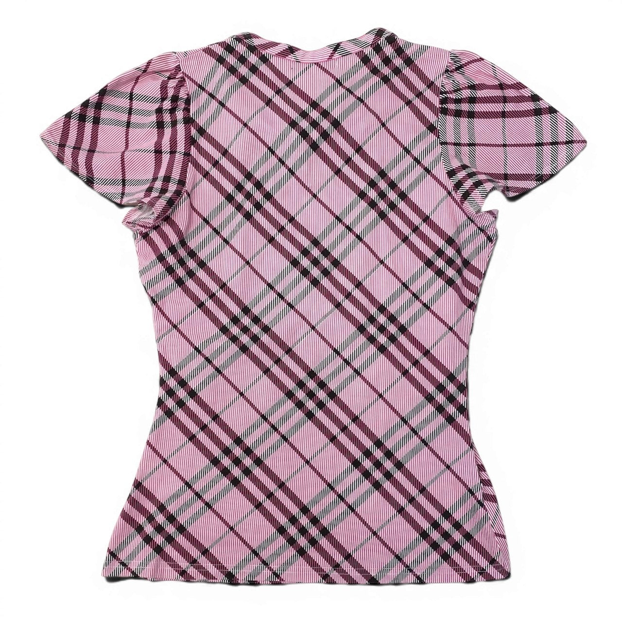 Ig6 BURBERRY LONDON BLUE LABEL バーバリーロンドン ブルーレーベル 半袖Tシャツ チェック柄 ストレッチ ロゴ刺繡 サイズ38 ピンク  レディースo07t