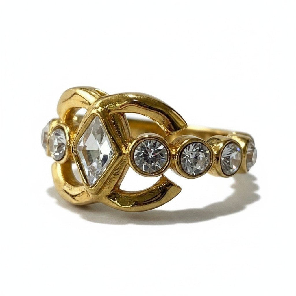 e19 《極美品》 CHANEL シャネル ココマーク ラインストーン ゴールドリング Coco Gold Rhinestone Band Ring L23C ９号 ゴールド 指輪 箱付t18r