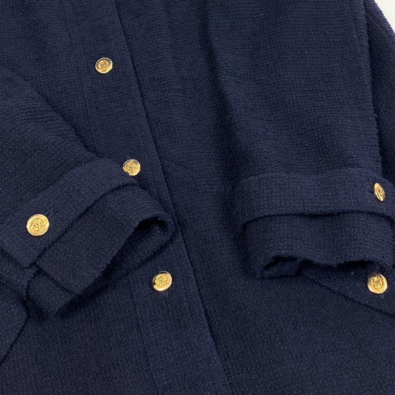 Cb15 Vintage CHANEL シャネル ヴィンテージ ツイードワンピース 長袖 ココマークボタン ネイビー レディースu02t