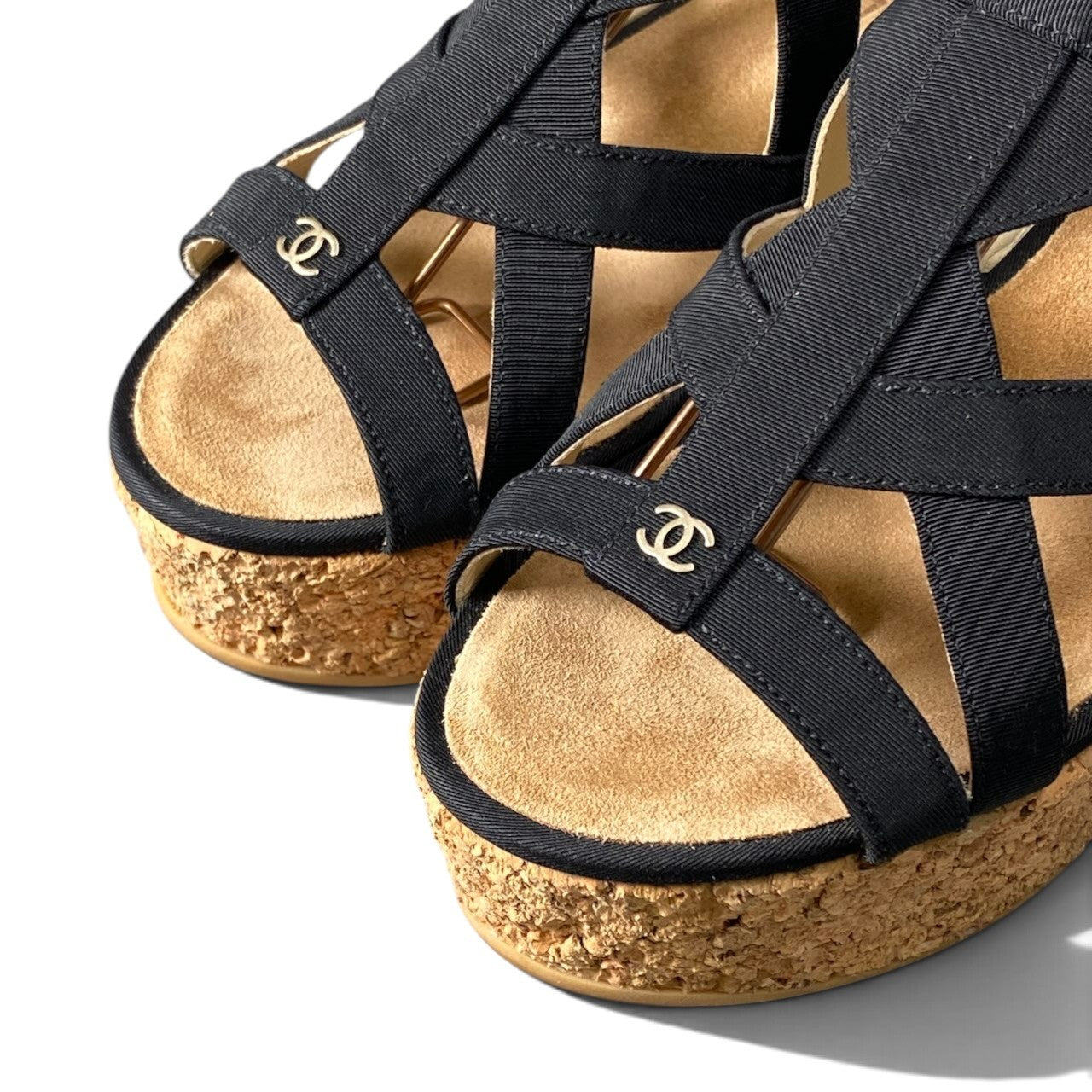 h12【美品】CHANEL コルクウェッジソールサンダル ココマーク 38 1/2サイズ ネイビー レディース 女性用k02i