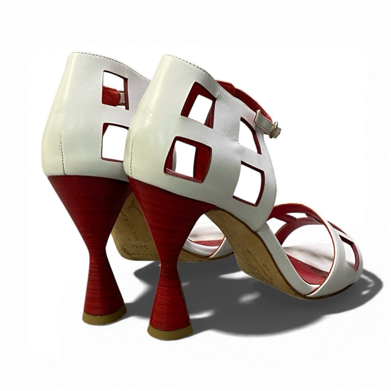 1b23 MANOLO BLAHNIK マノロブラニク アンクルベルト ヒールサンダル オープントゥ ルイヒール レディース 女性靴 イタリア製 34 1/2  ホワイト レッド レザーu02t