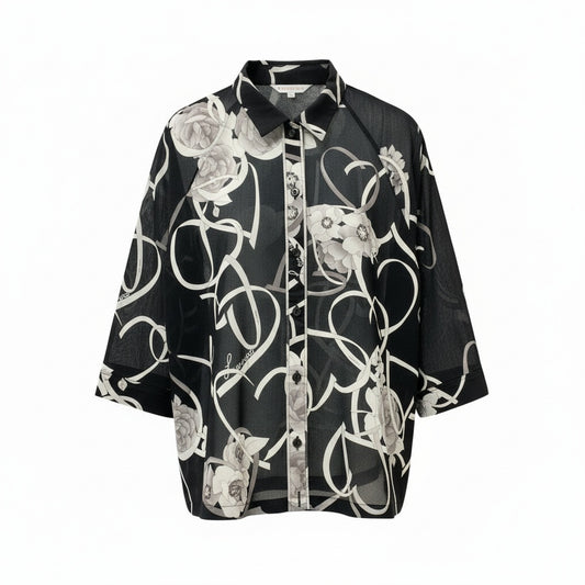 44b17 LEONARD SPORT レオナール スポーツ ロングスリーブシャツ 花柄プリント シースルー 0531131 40サイズ ブラック コットン100％ レディース 女性用u02t