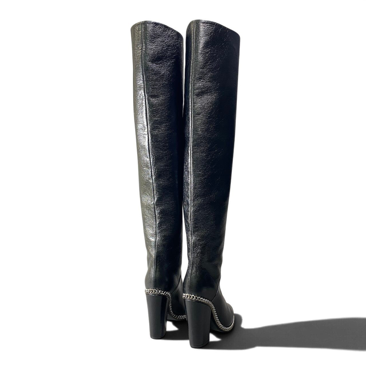 h10 【新品保管品】BALMAIN Emma エマ ニーハイブーツ メタルチェーン イタリア製 36サイズ ブラック レザー レディース 女性用k02i