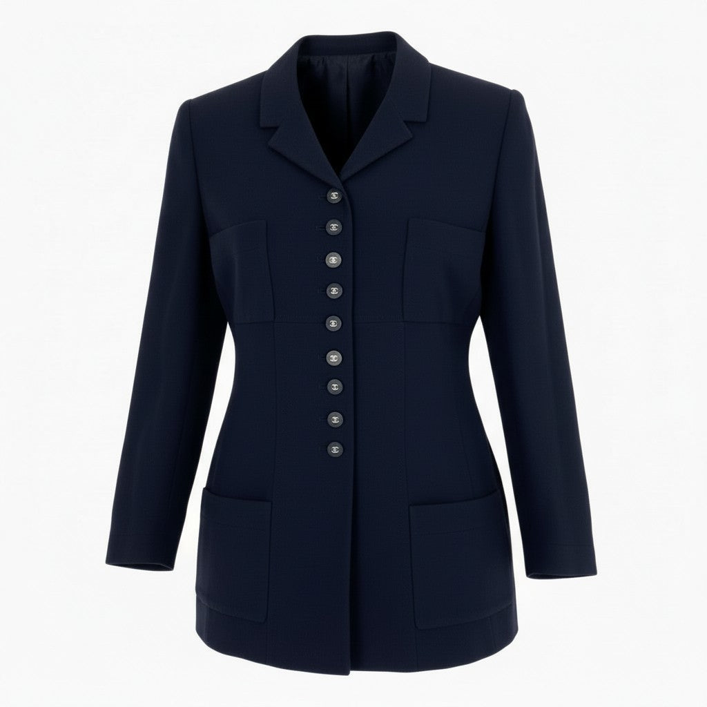 Cb16 Vintage CHANEL シャネル 1996 ロングジャケット テーラードジャケット ココマークボタン P06370 42 ダークネイビー ウール レディースu02t