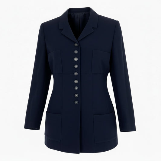 Cb16 Vintage CHANEL シャネル 1996 ロングジャケット テーラードジャケット ココマークボタン P06370 42 ダークネイビー ウール レディースu02t