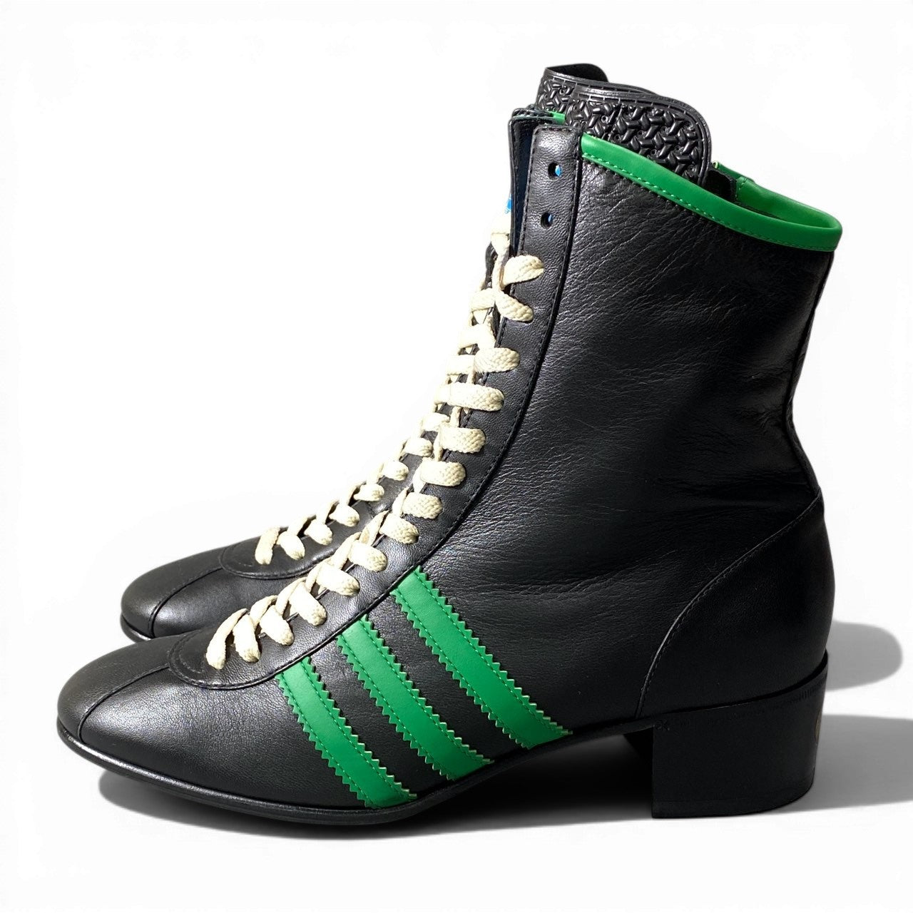 d9 GUCCI × Adidas グッチ アディダス ボーリングシューズ レザーブーツ サイドジップ トレフォイルロゴ サイズ6 1/2 ブラック レディースk02i