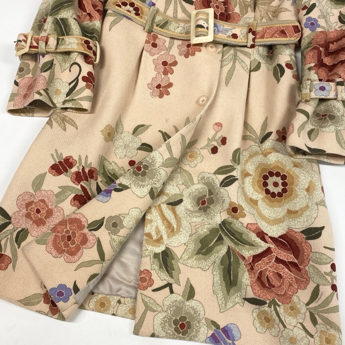22i15 LEONARD レオナール ウールコート ロングコート カシミヤ混 花柄 ベルテッドコート 0328304 11AR ベージュ マルチカラー レディース 女性用u02t