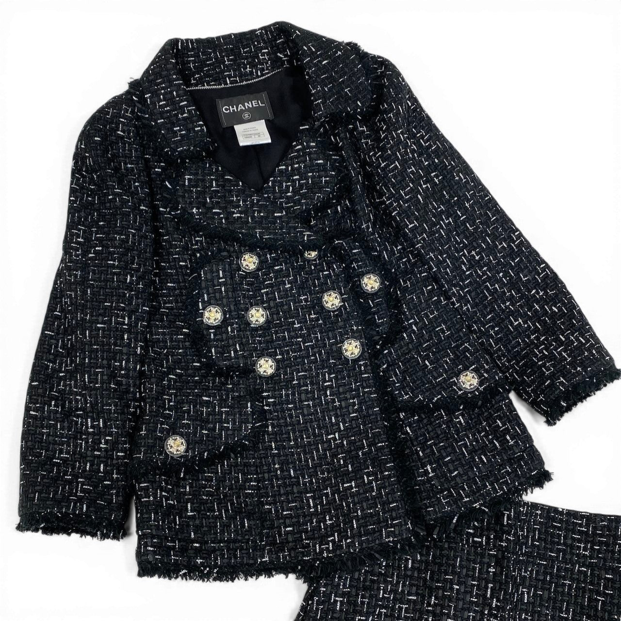 Cc31 《極美品》 CHANEL シャネル ロゴリボンテープ ルサージュ ダブルツイード セットアップ Logo Ribbon Lesage Double Tweed Setup P45108 サイズ36 ブラックt18r