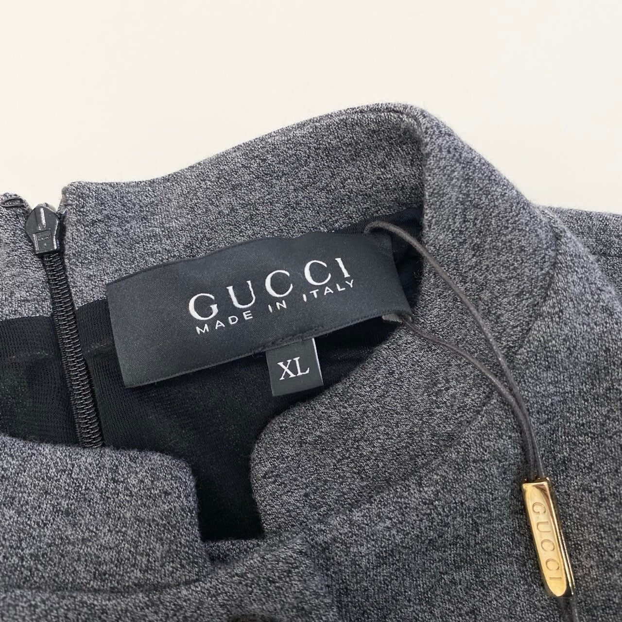 Ef9 【新品保管品】GUCCI ロングスリーブワンピース スタンドカラー イタリア製 XLサイズ グレー ウール100％ レディース 女性用u02t