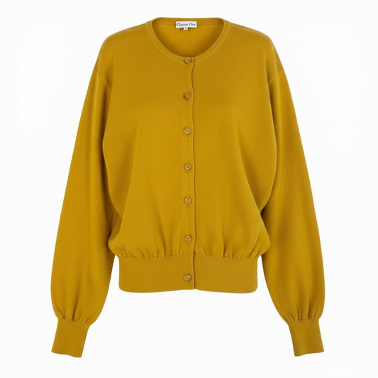 42a23 Christian Dior クリスチャンディオール CDボタン ニットカーディガン トップス M イエロー ウール レディースu02t