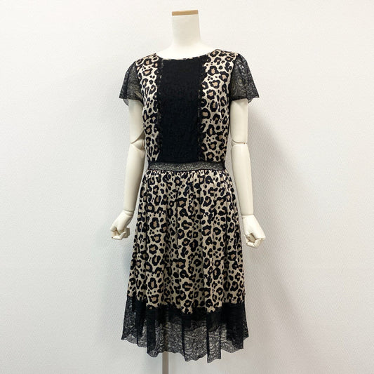 78i11 BLUGIRL BLUMARINE ブルーガール ブルマリン イタリア製 レオパード柄 レース切替 半袖ワンピース ドレス フレンチスリーブ 大きいサイズ 42 XLサイズ相当 ベージュ ブラック レディースk02i
