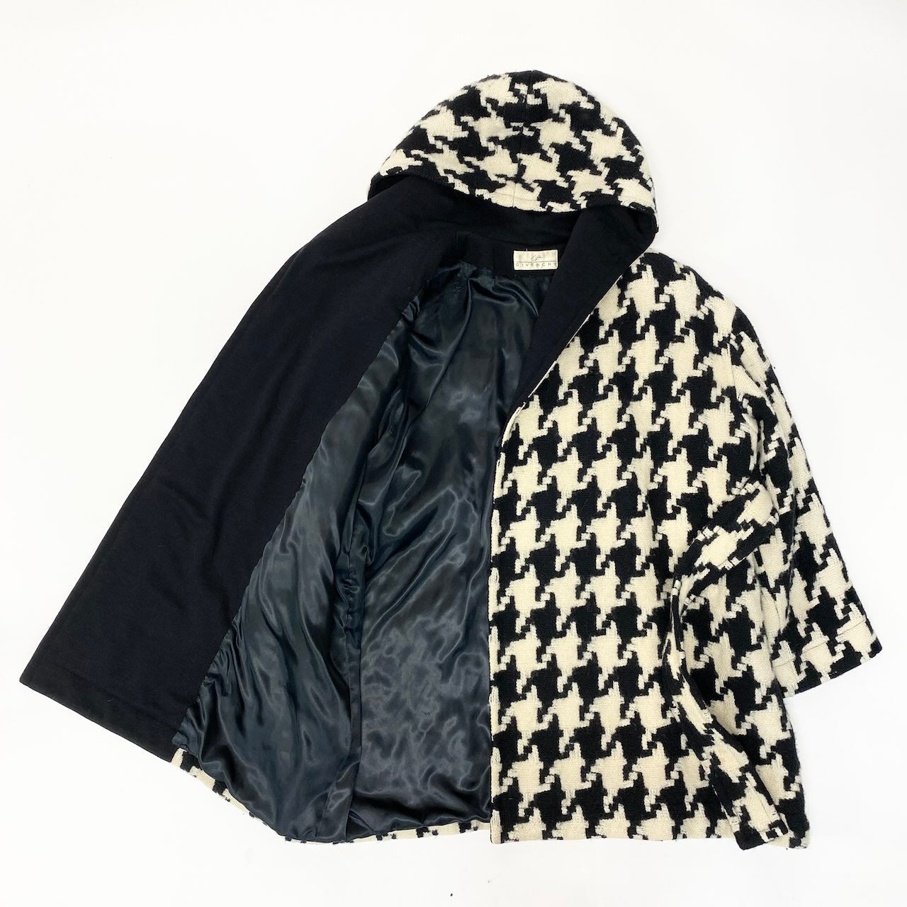 84c27 GIVENCHY ジバンシー フーディーコート ウールコート ウエストベルト 千鳥格子 アウター アイボリー ブラック レディース 女性用u02t