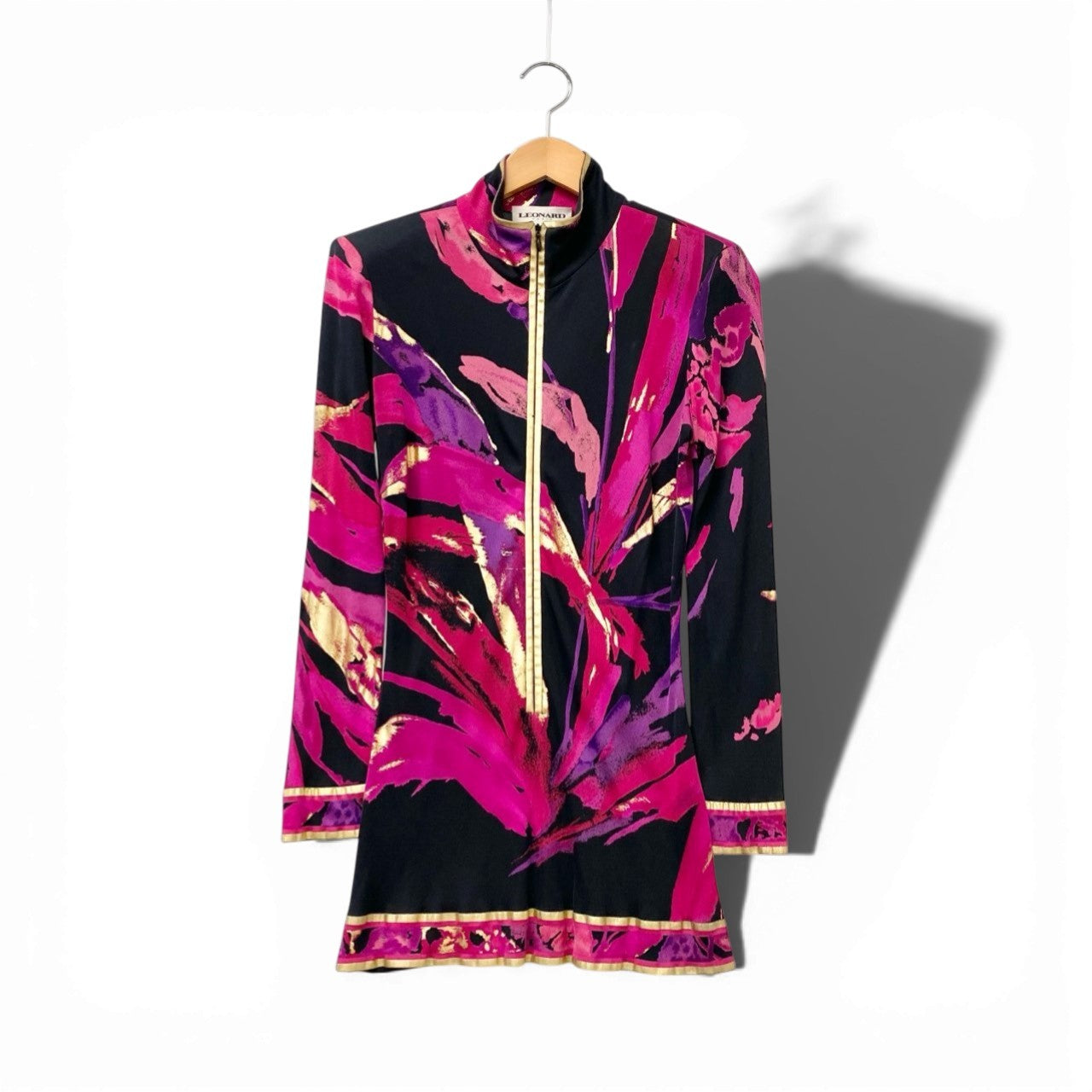 61c6 【美品】 LEONARD レオナール チュニックワンピース ハーフジップ ロングスリーブ レディース 女性服 サイズ40 マルチカラー シルク100％u02t