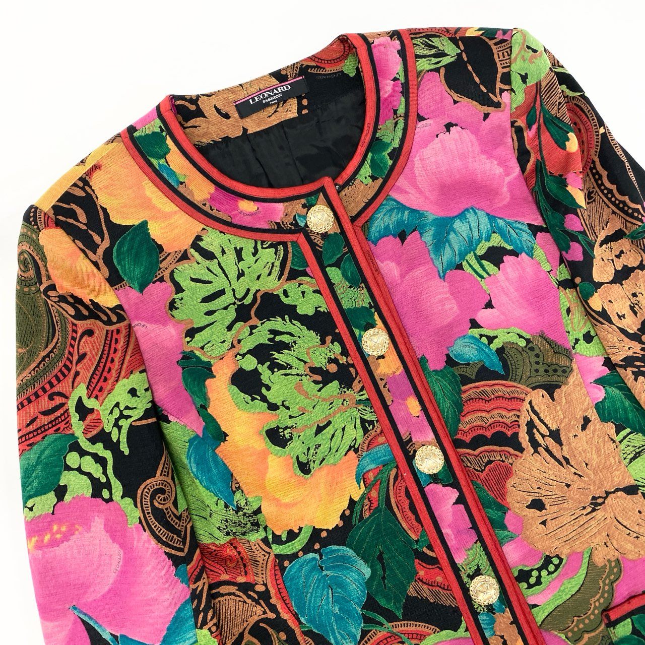 58k22 LEONARD FASHION レオナール ノーカラージャケット ロングジャケット 美しい花柄プリント 金ボタン シルクウール レディース 女性用 9AR マルチカラーu02t