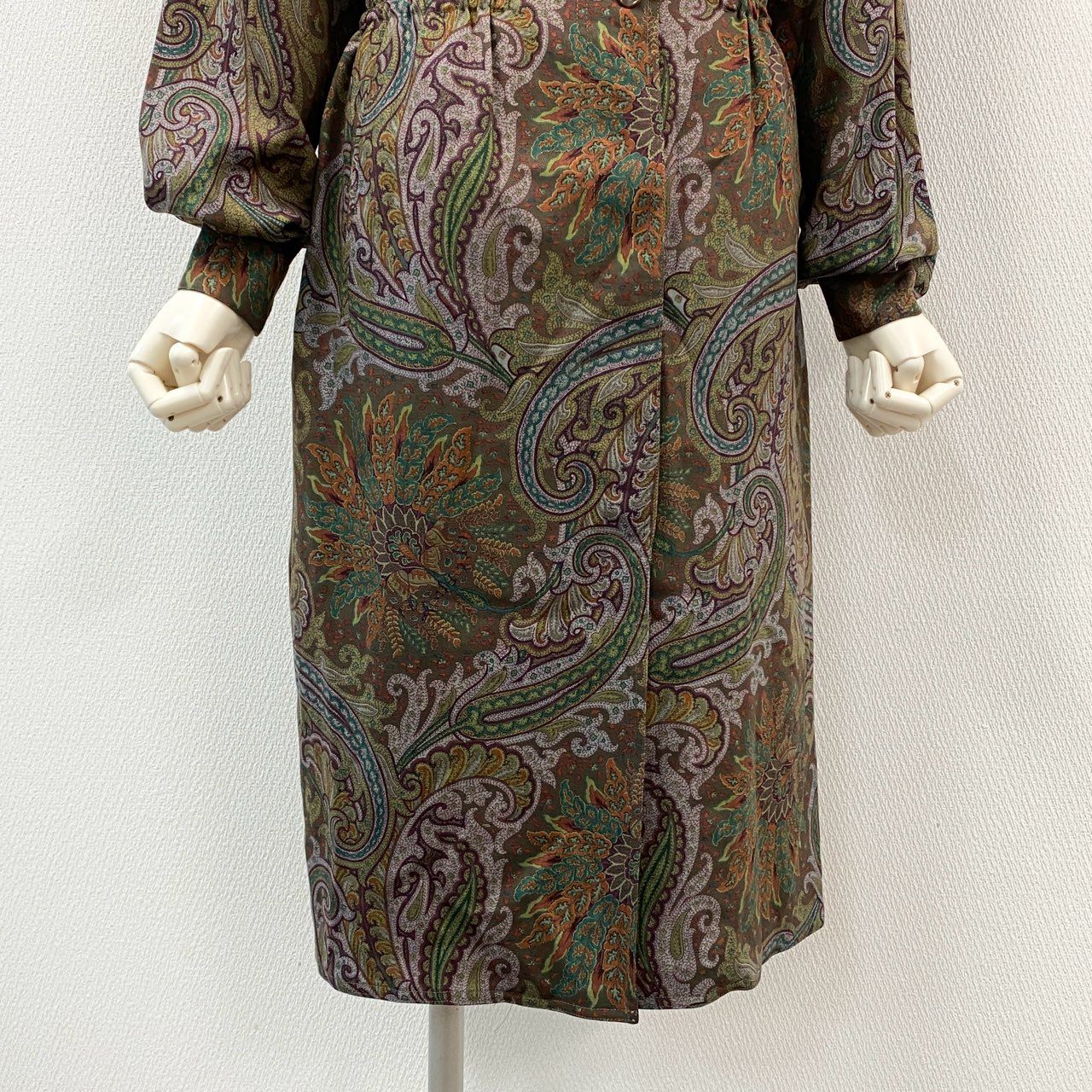 54g10 《美品》 ETRO エトロ ペイズリープリント レトロシャツワンピース 44 カーキ Vintage ヴィンテージ アンティークドレス
