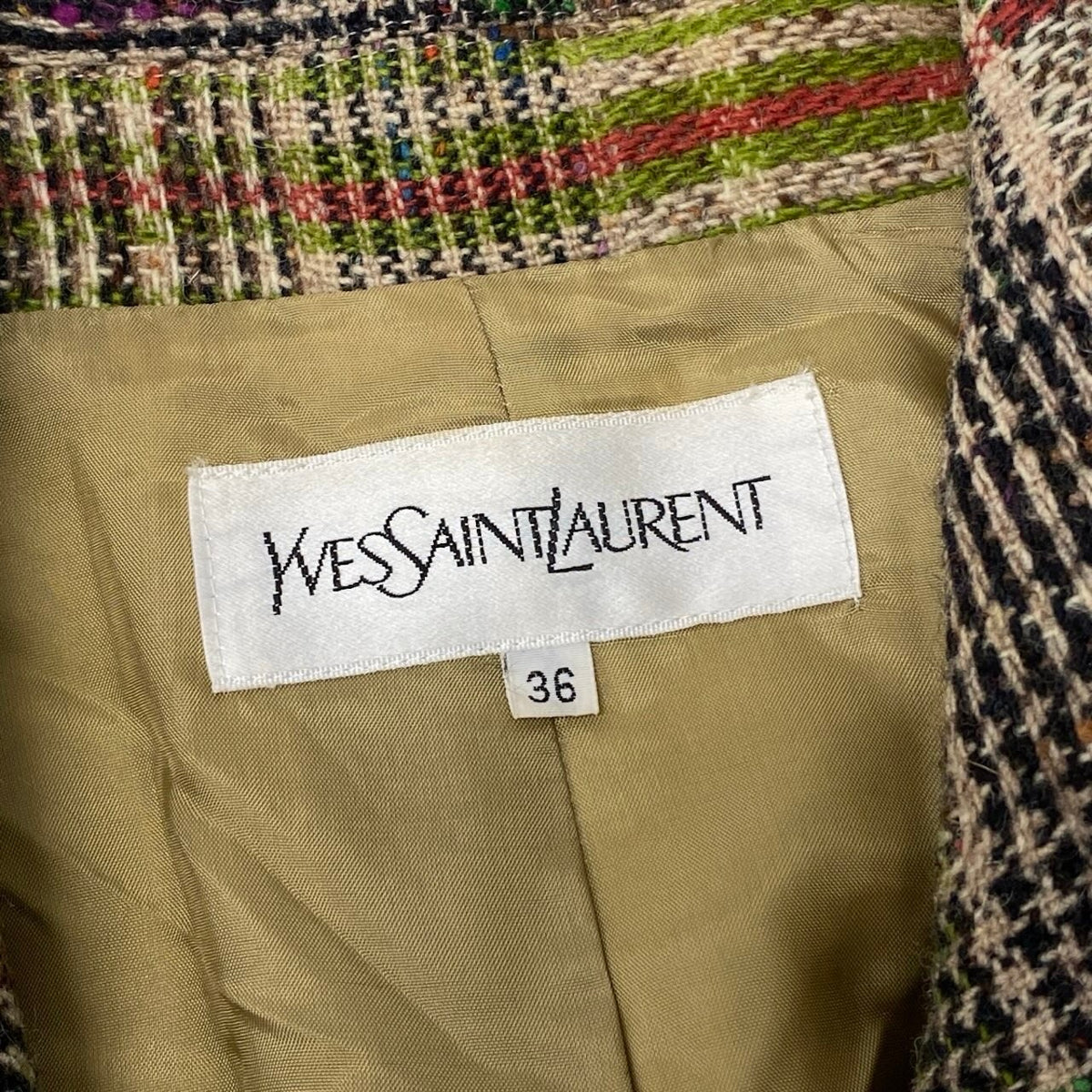33i28 YVESAINTLAUREN イヴサンローラン ミックスツイードジャケット テーラードジャケット チェック柄 36サイズ グリーン系 ウール100％ レディース 女性用u02t