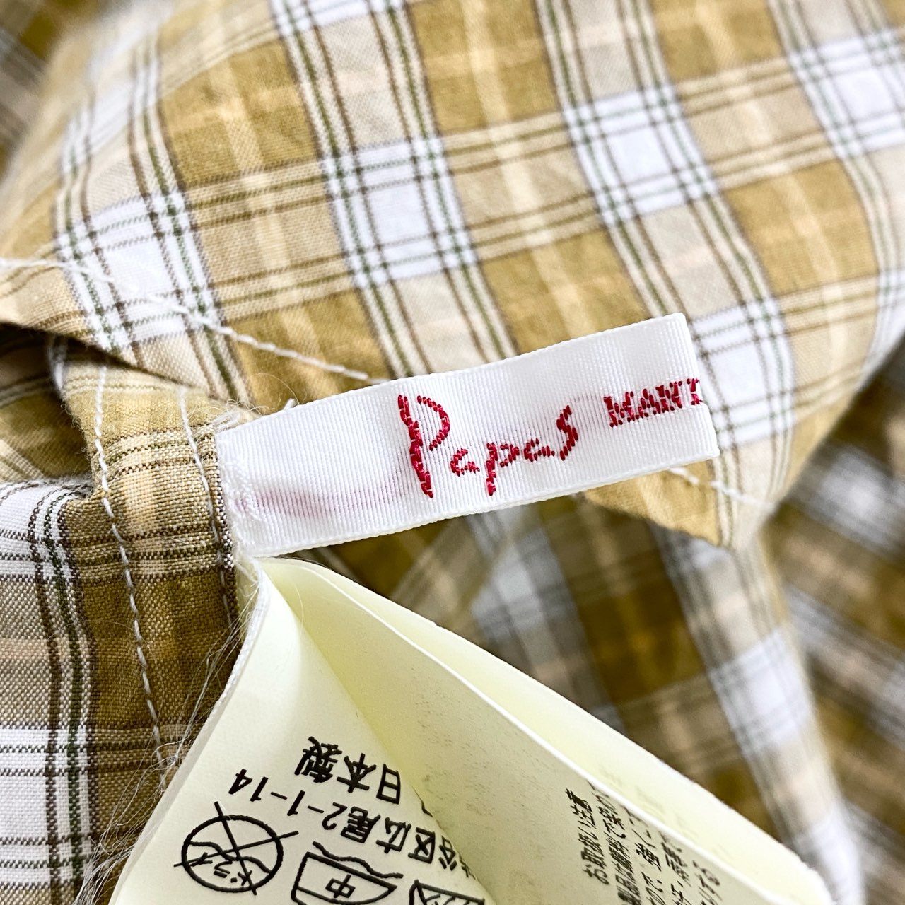 76d12 日本製 Papas パパス 長袖シャツ チェックシャツ バンドカラーシャツ M イエロー コットン100％ メンズ 紳士服