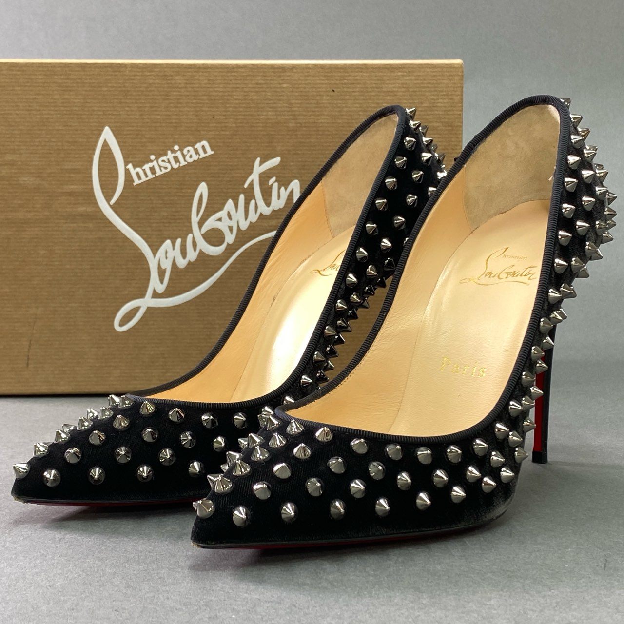 8k6 Christian Louboutin クリスチャンルブタン FOLLIS SPINKES スタッズパンプス 3161133 サイズ37.5 ブラック ベルベット レディース 女性用 シューズ 靴