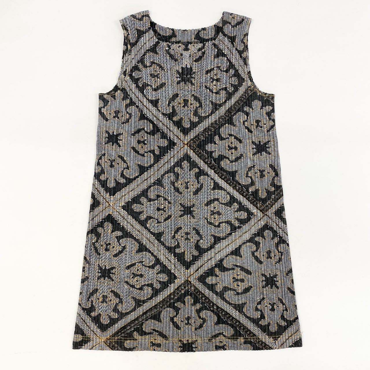 Ah20 PLEATS PLEASE ISSEY MIYAKE プリーツプリーズ イッセイミヤケ デニム転写 ノースリーブワンピース ドレス チュニック トップス 日本製 総柄プリント PP91-JK565 3 グレー レディースo07t