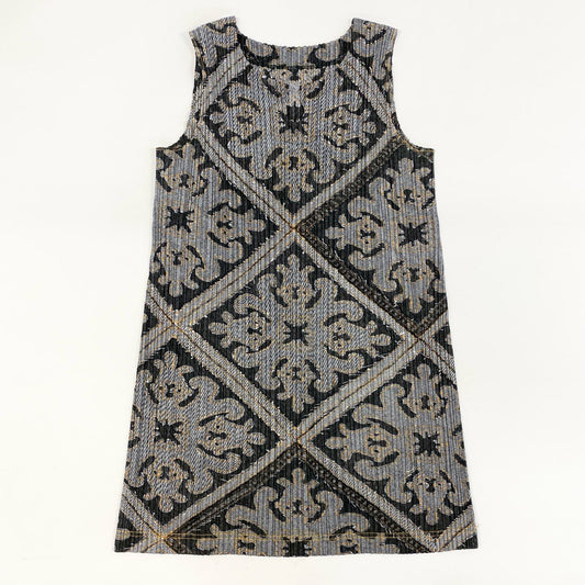 Ah20 PLEATS PLEASE ISSEY MIYAKE プリーツプリーズ イッセイミヤケ デニム転写 ノースリーブワンピース ドレス チュニック トップス 日本製 総柄プリント PP91-JK565 3 グレー レディースo07t