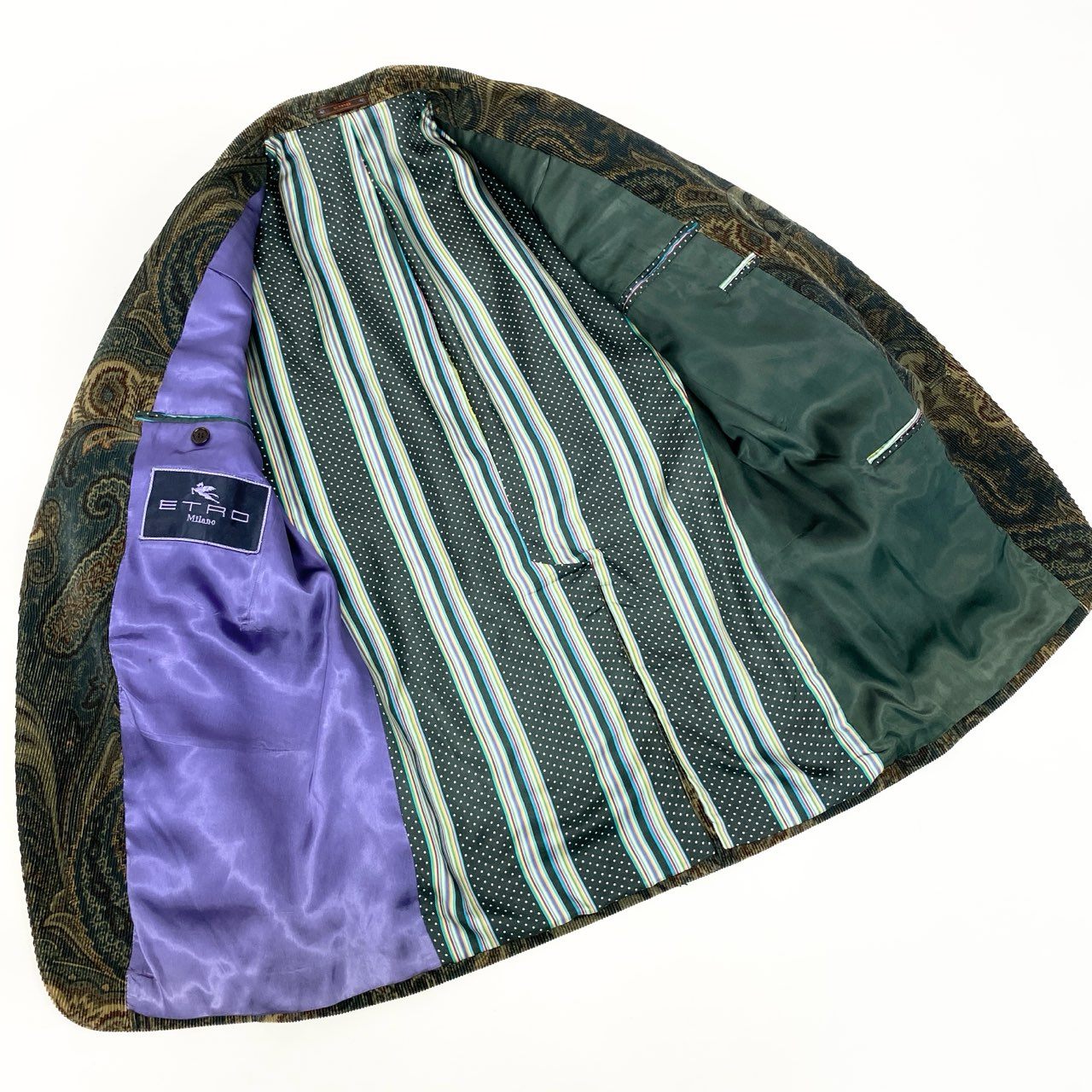 30K18 ETRO エトロ イタリア製 テーラードジャケット コーデュロイジャケット ペイズリー柄 裏地総柄 メンズ 紳士服 48 ダークグリーン系u02t