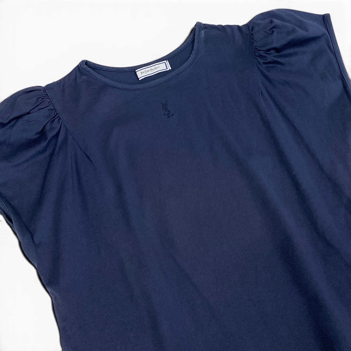 Ig10 YVES SAINT LAURENT イヴサンローラン フレンチスリーブ Tシャツ カットソー カサンドラロゴ刺繍 サイズM ネイビー コットン100％ レディースo07t