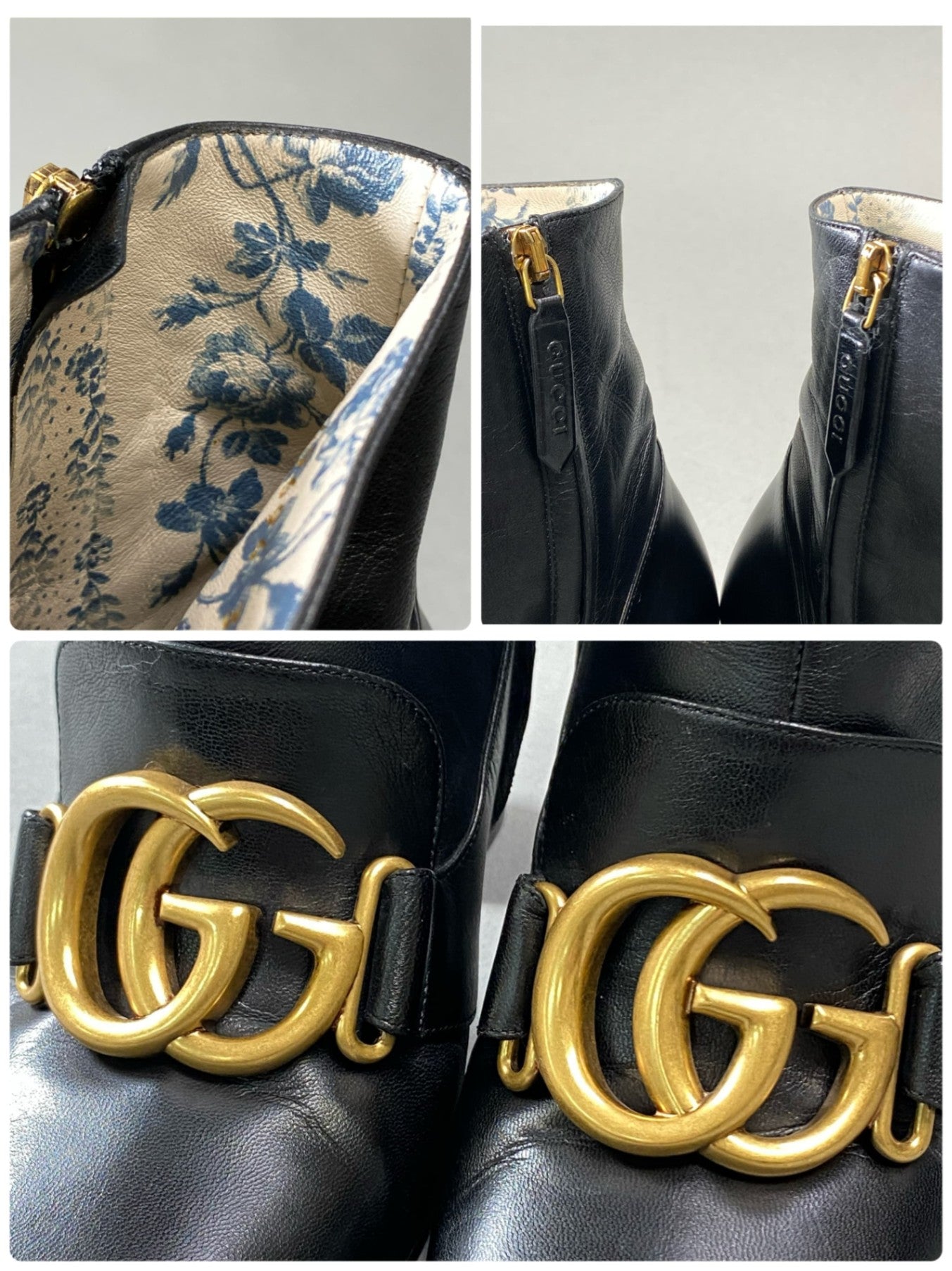 1L11 GUCCI グッチ ダブルG GGマーモント ショートブーツ チャンキーヒール サイズ36 ブラック レザー レディース 靴 ブーツk02i