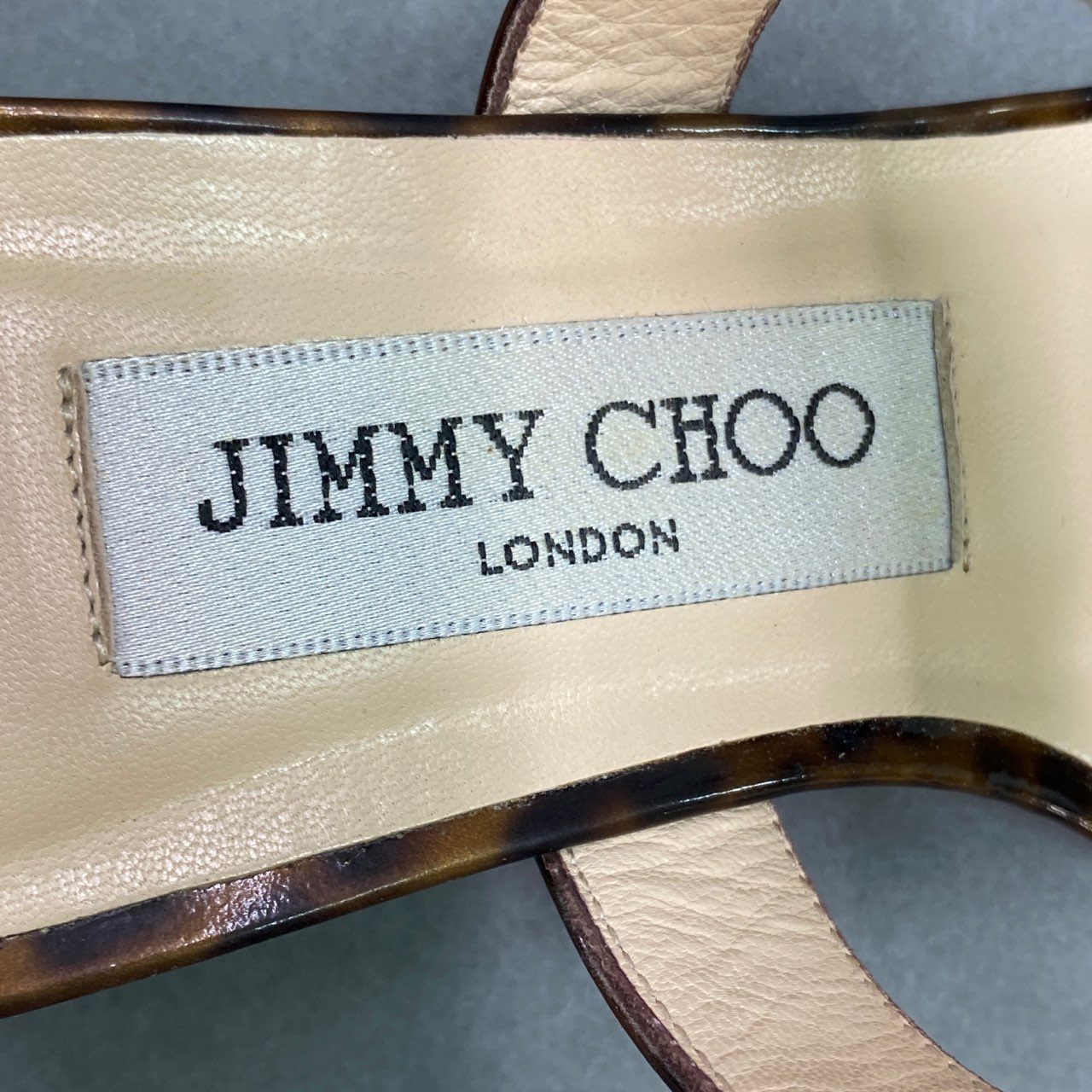 5a10 《美品》 JIMMY CHOO ジミーチュウ レオパードプリント エナメルサンダル 37 1/2 ブラウン パテントレザー イタリア製 ゴールド金具 シューズ 夏