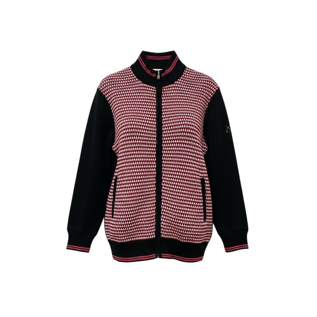 19b17 【美品】 LEONARD レオナール ニットカーディガン ハイネックセーター ファスナー チェック 42 ブラック レディース 女性用u02t