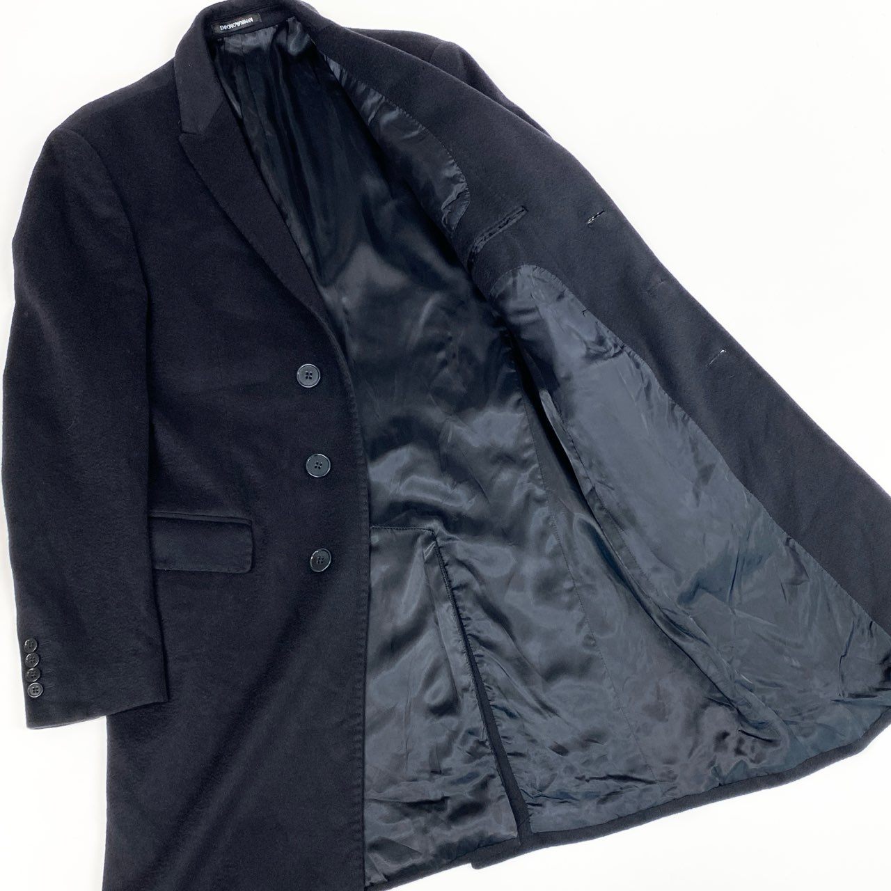 69i26 《美品》EMPORIO ARMANI エンポリオアルマーニ カシミヤチェスターコート カシミア ロングコート  46サイズ ネイビー メンズk02i