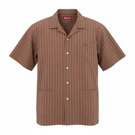 47d16 Supreme シュプリーム Stripe S/S Pajama Shirt パジャマシャツ 半袖シャツ ストライプ Mサイズ ブラウン メンズ 男性用o07t