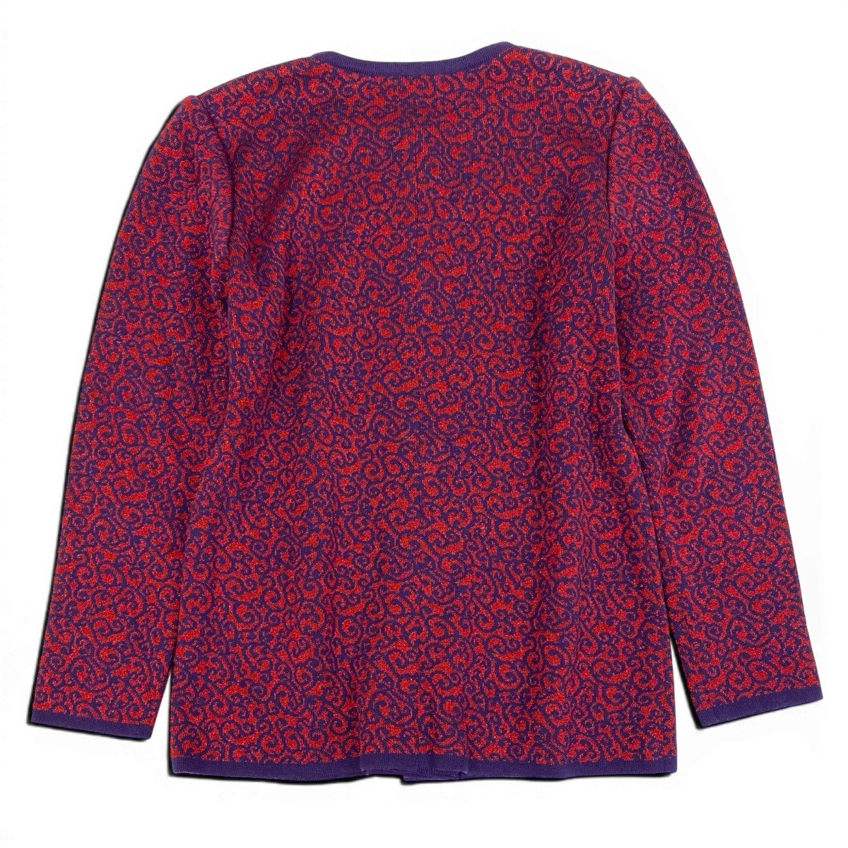 65f2 YVES SAINT LAURENT イヴサンローラン ノーカラー ニットカーディガン ラメニット 総柄 バイカラー サイズM パープル レッド ウール100％ レディース 女性服o07t