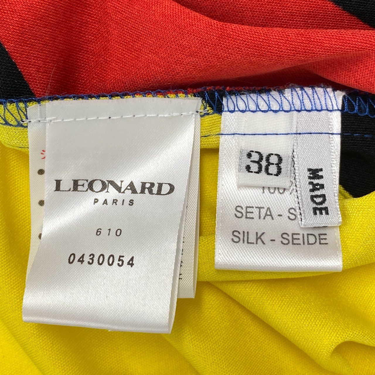 68d13 LEONARD PARIS レオナール ロングスリーブワンピース シルクワンピース 総柄プリント ウエストリボン付 イタリア製 サイズ38 マルチカラー シルク100％ レディース 女性用u02t