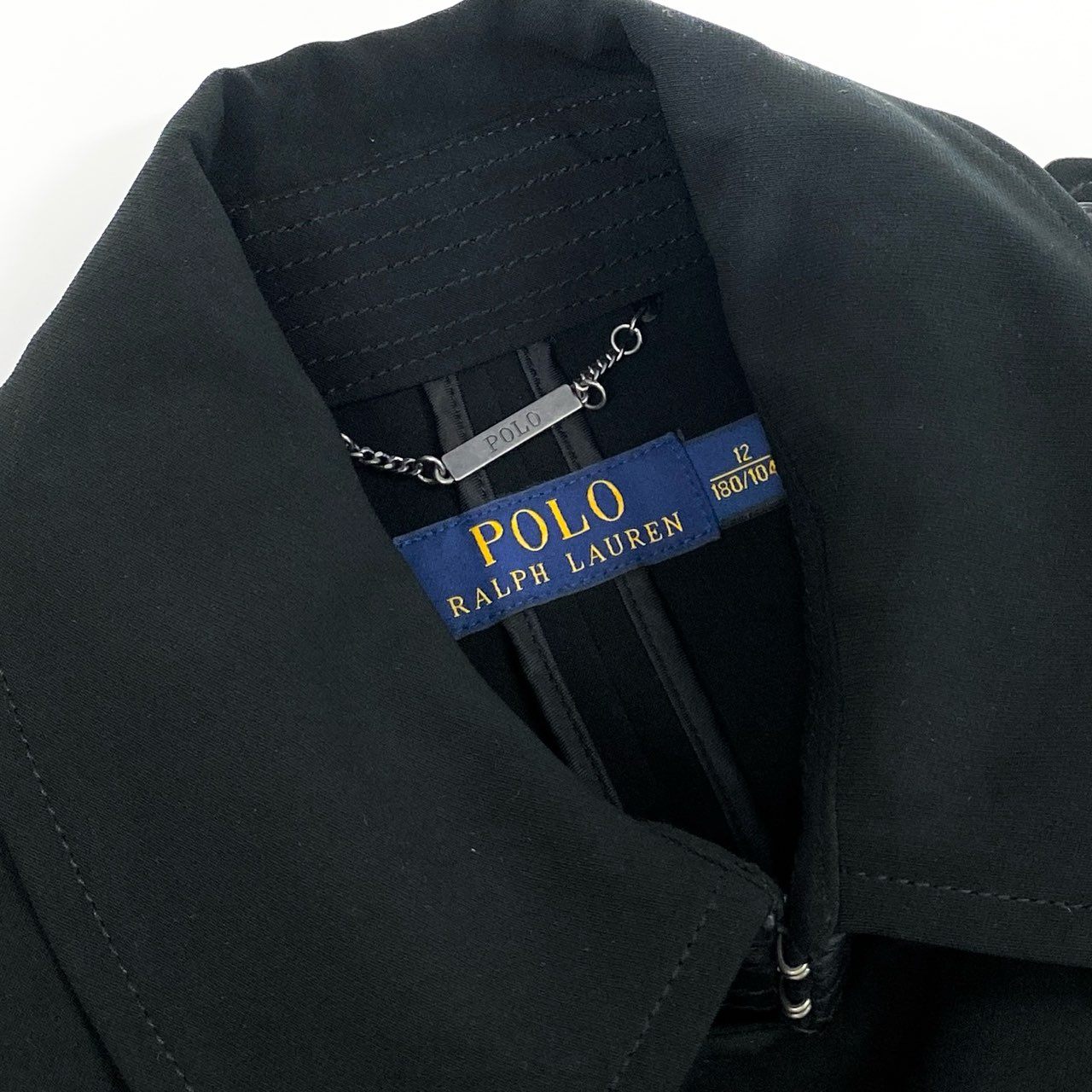 37d14 【美品】 POLO RALPH LAUREN ポロラルフローレン トレンチコート スプリングコート ロング レザーベルト  サイズ12 180/104A ブラック メンズ 紳士服u02t