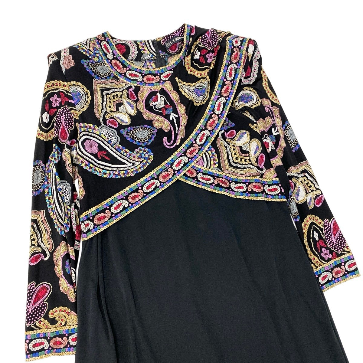 68h21 LEONARD FASHION レオナール ロングスリーブ ワンピース スパンコール風イラスト ドレスワンピース サイズ11 ブラック レディースu02t