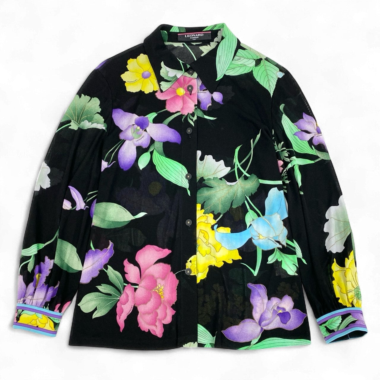 3k19《美品》 LEONARD FASHION レオナール 長袖シャツ シアーシャツ 美しい花柄プリント カンカン素材 レディース 女性用 L ブラックu02t