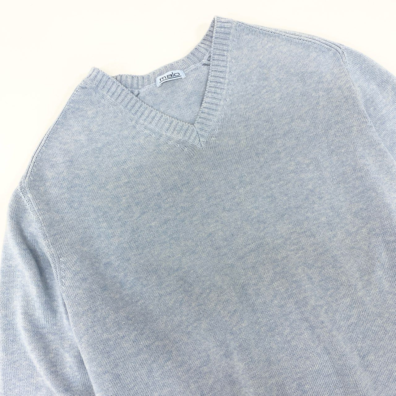 19k10 【美品】malo マーロ ニットセーター コットンニット コットン100％ Vネック イタリア製 50サイズ ライトブルー レディースu02t