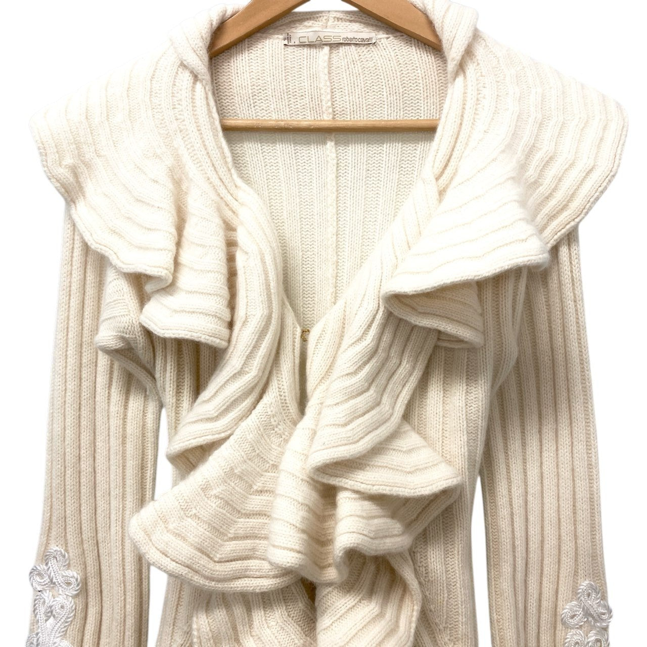 23c16 Robertocavalli ロベルトカヴァリ 変形ニットカーディガン フリルカーディガン ニットセーター 38サイズ アイボリー レディース 女性用u02t