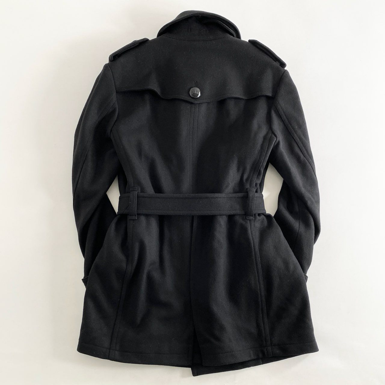 67i5 BURBERRY BLACK LABEL バーバリーブラックレーベル メルトンウール ナポレオンコート カシミヤ混 ロゴボタン D1B01-200-09 サイズM ブラック メンズ 男性用