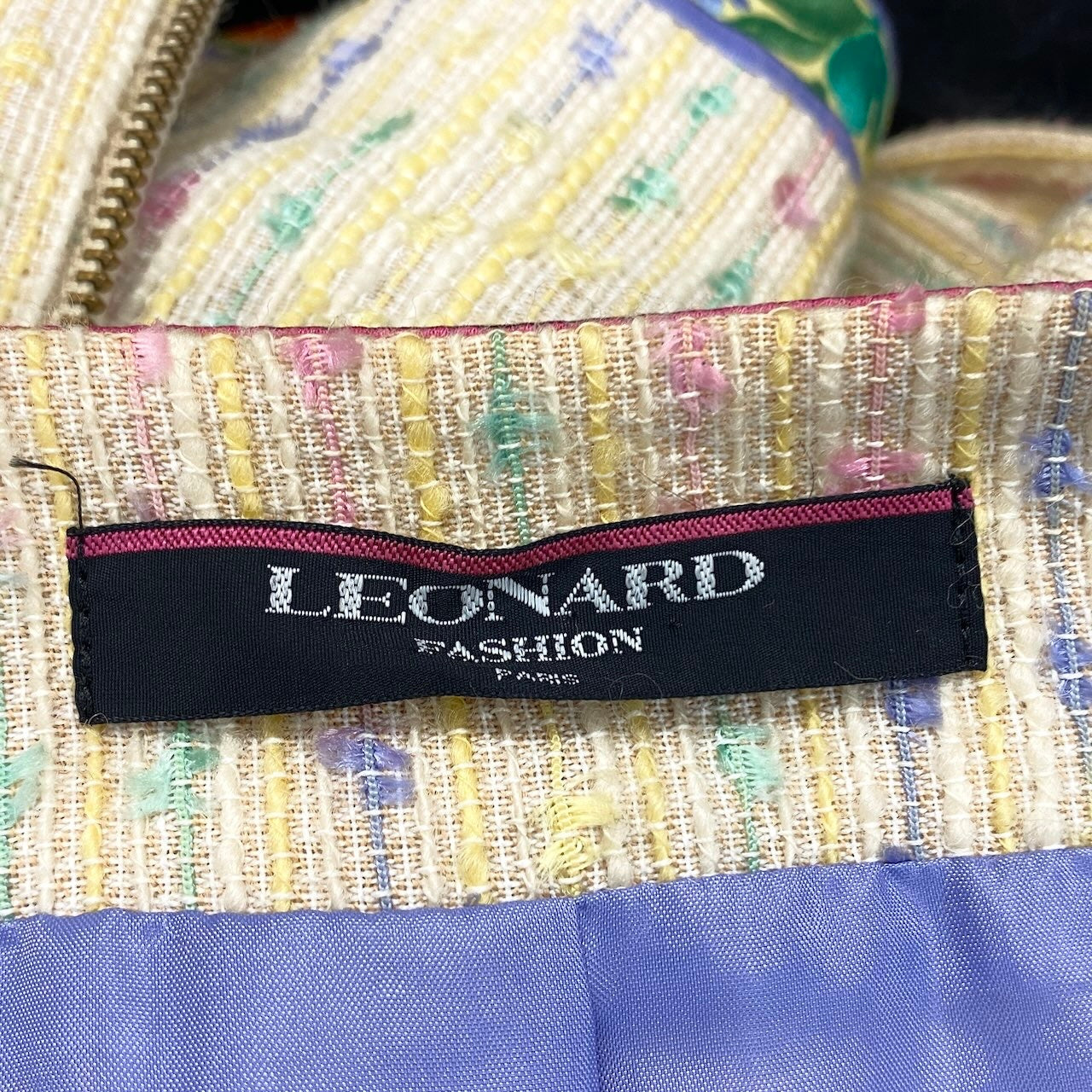5h28 LEONARD レオナール ノーカラーツイードジャケット 花柄プリント 日本製 40サイズ イエロー系 レディース 女性用u02t
