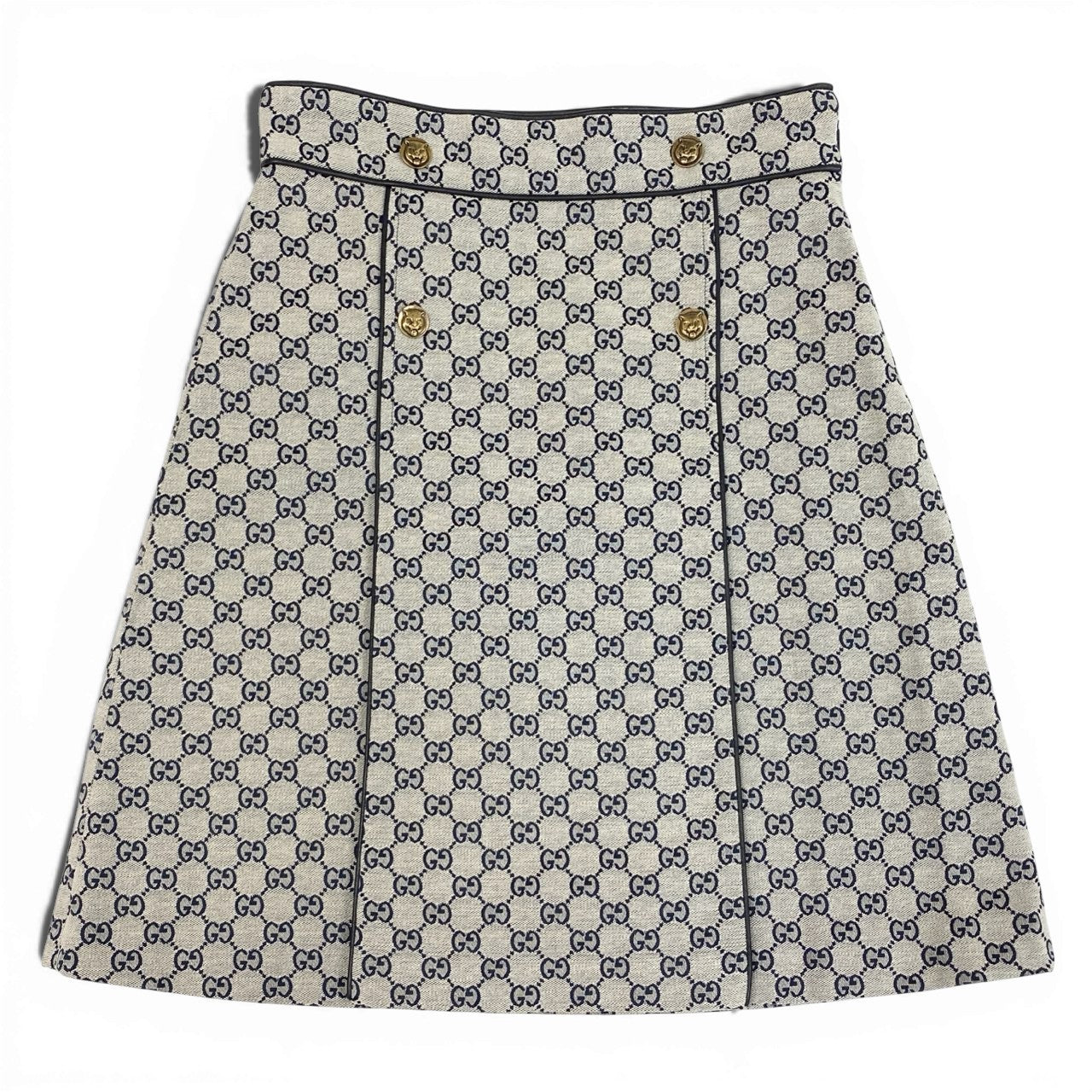 44a15 GUCCI グッチ レザーパイピング ジャガード GGキャンバス Aラインスカート サイズ42 グレー系 レディースk02i