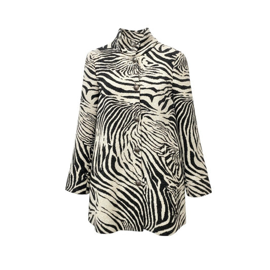 70b13 【美品】LEONARD SPORT レオナール スポーツ ウールジャケットコート ハイネックジャケット メタルロゴボタン ゼブラ柄 総柄 0567662 42サイズ グレー ブラック ウール100％ レディース 女性用u02t