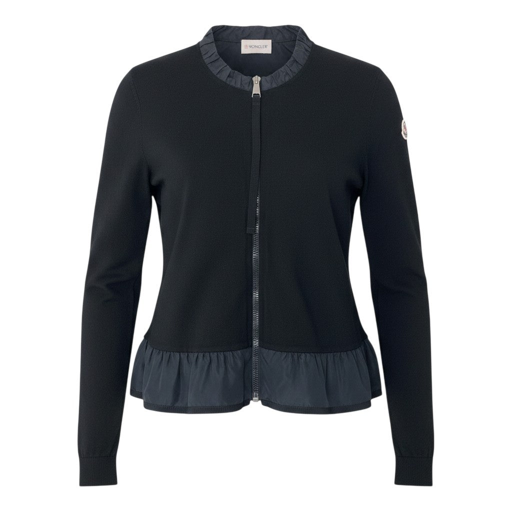 44f18 MONCLER モンクレール MAGLIA TRICOT CARDIGAN ニットカーディガン ペプラム ジップアップ 切替 XS ブラック レディース 女性用t18r