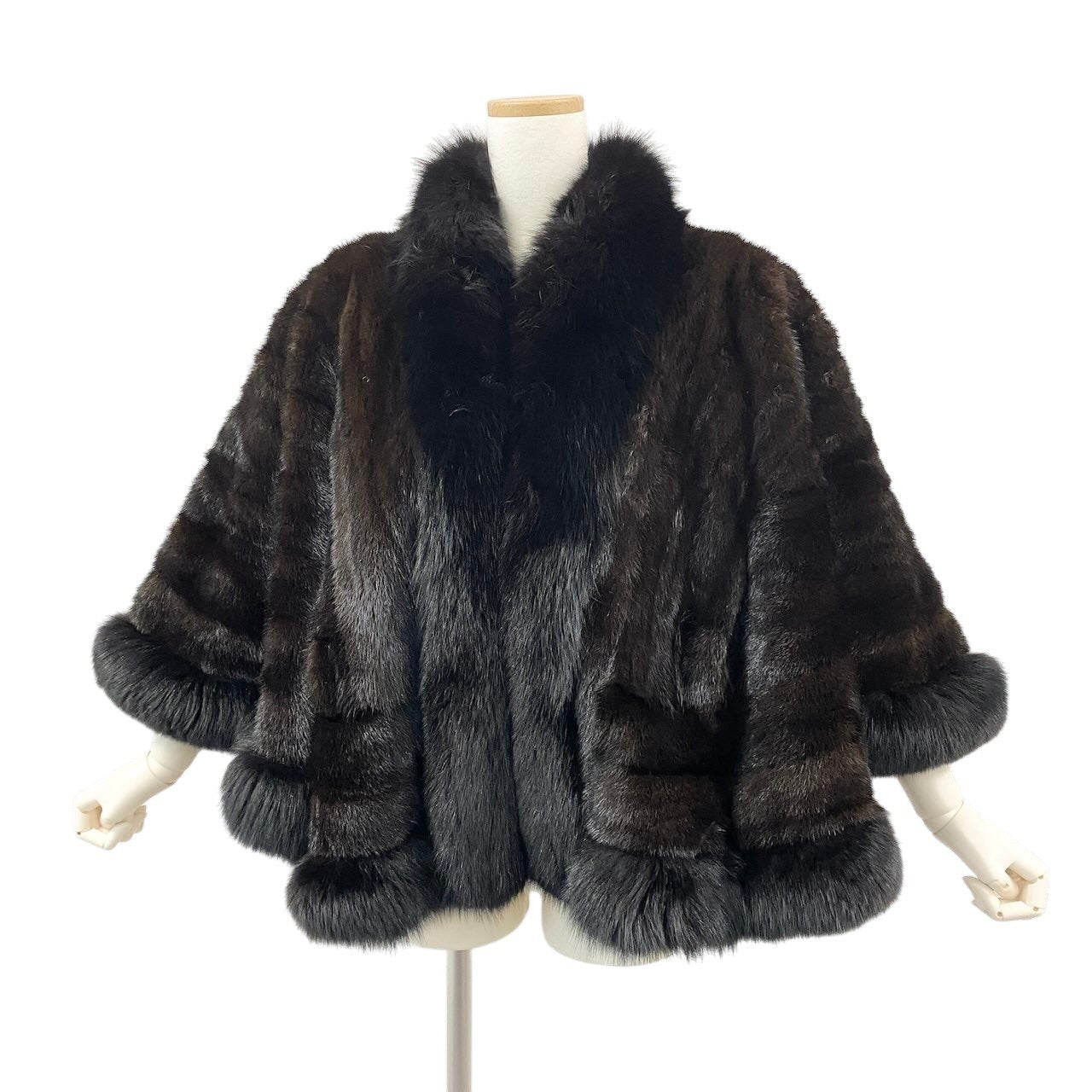 80e13 ミンク × フォックス サークルファーポンチョ ケープ ダークブラウン 本毛皮 MINK × FOX FUR 毛並み◎ 希少デザインt18r