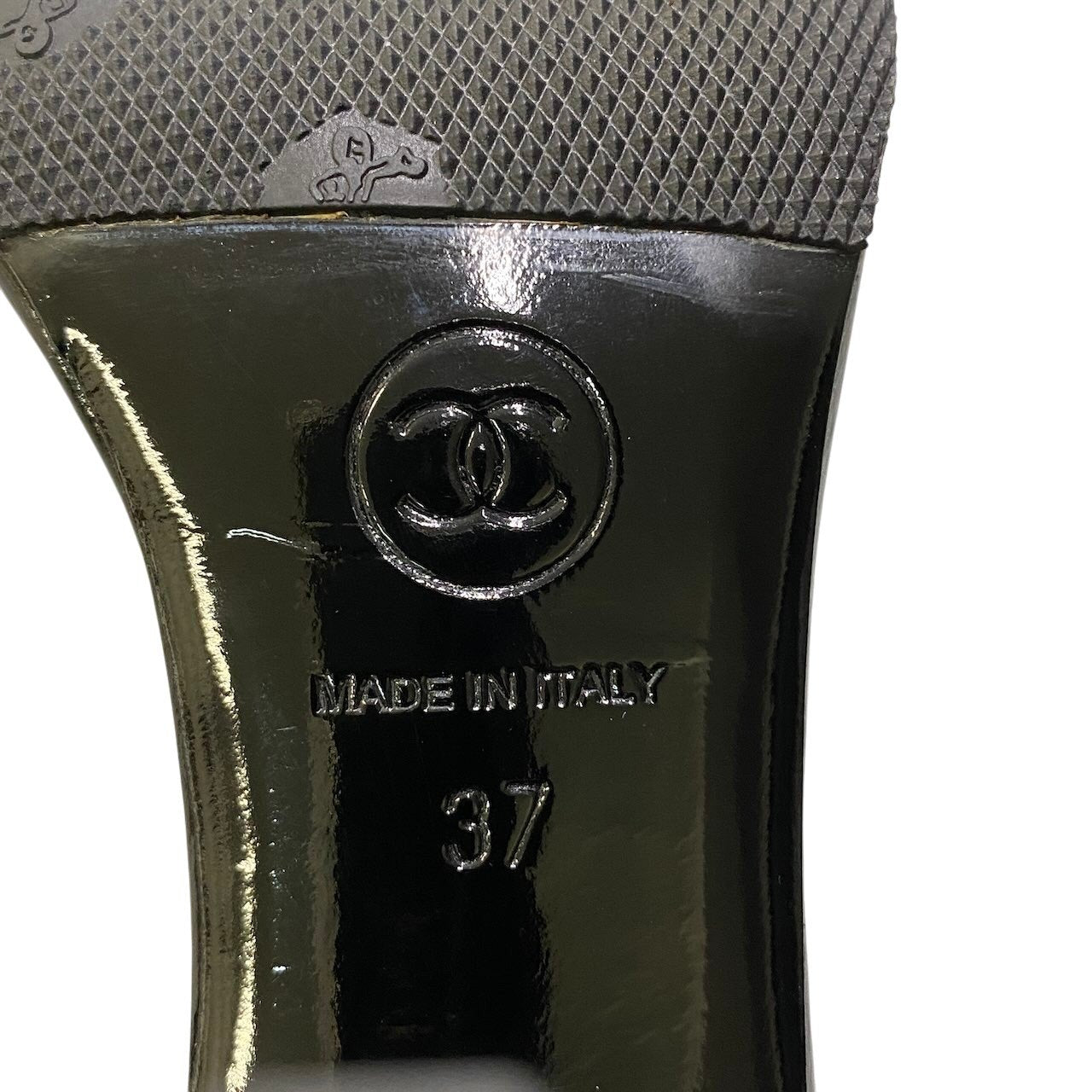 e13 CHANEL ヴィンテージ グリポア ストラップサンダル パンプス サイズ37 ブラック パテントレザー レディースk02i