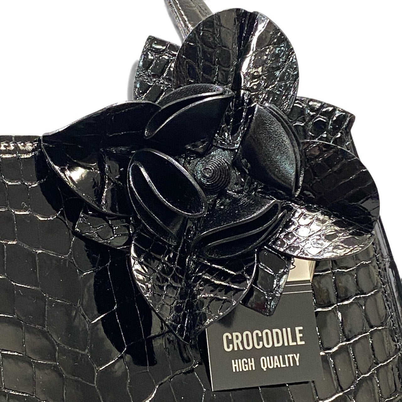 gk16《極美品》 sanpo サンポー JRA認定 シャイニングクロコ ハンドバッグ ブラック Crocodile Leather ワニ革 ワンショルダー センター取り エキゾチックt18r