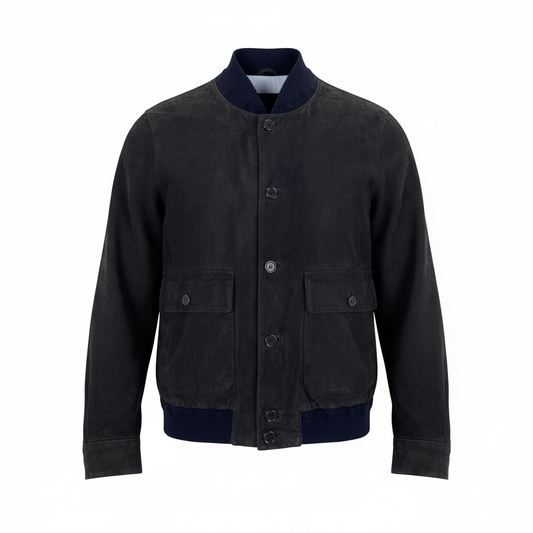 64d16 Cinquanta チンクアンタ レザージャケット ブルゾン スウェードレザー 裏地ストライプ 羊革 イタリア製 サイズ48 ネイビー ブラック メンズ 紳士服u02t