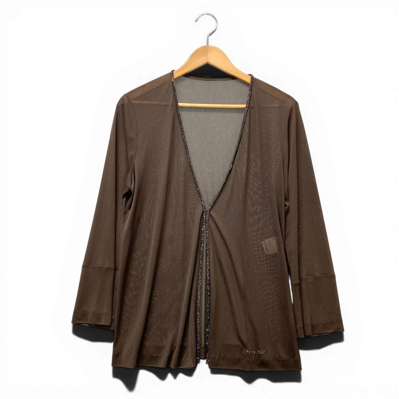 11f16 LEONARD FASHION レオナール シアーカーディガン カンカン素材 ビーズ装飾 サイズLL ブラウン レディース 女性用u02t