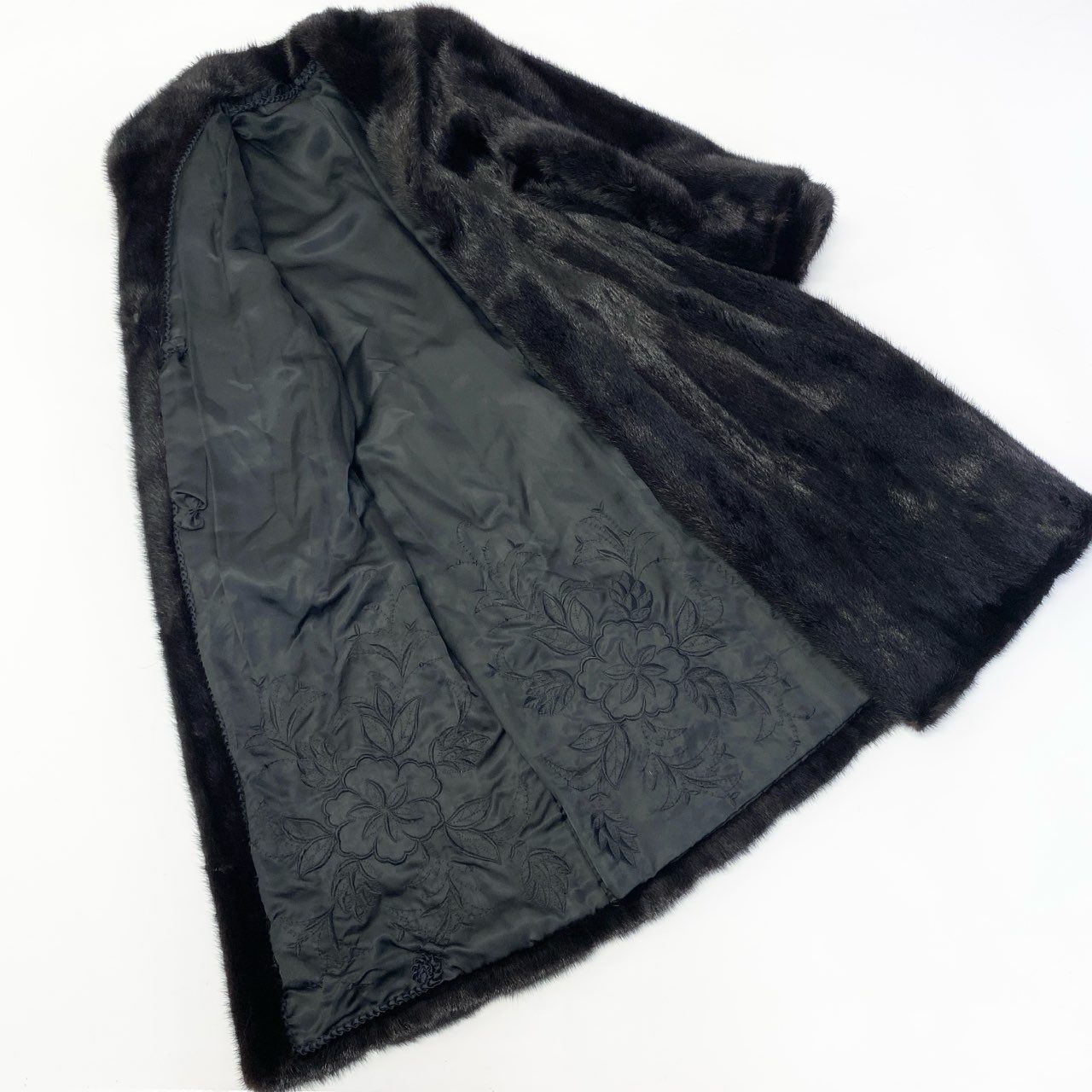 83a14 ダークミンク ミンクコート 超ロングコート 着丈107cm 毛皮コート ブラック系 ミンクファー 裏地花柄刺繍t18r